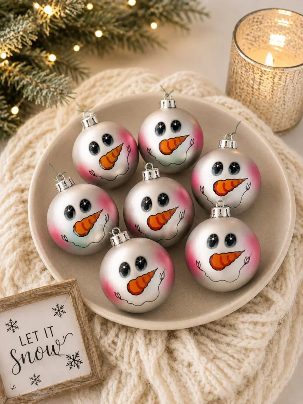 Snowman Face Shatterproof Ornaments - White and Orange Holiday Set